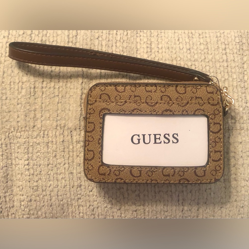 GUESS Tan & Brown Logo Wristlet Card Holder with ID Window